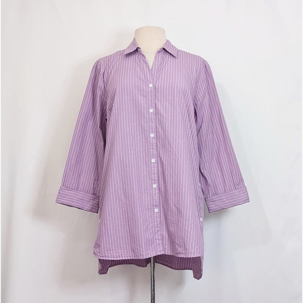 J.Jill Tunic Top Purple White Stripe Button Sides Women's Size L